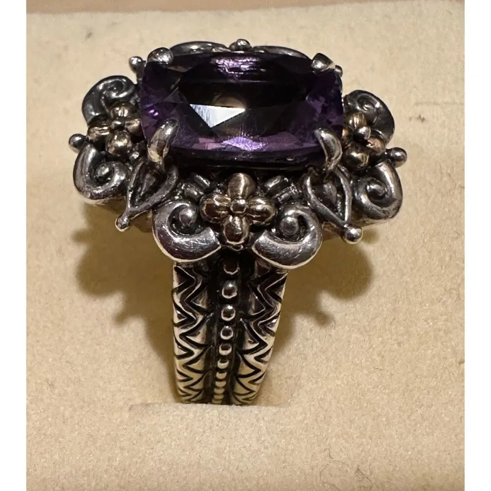 Barbara Bixby Sterling Silver 18K Gold Amethyst Filigree Statement Ring Size 10
